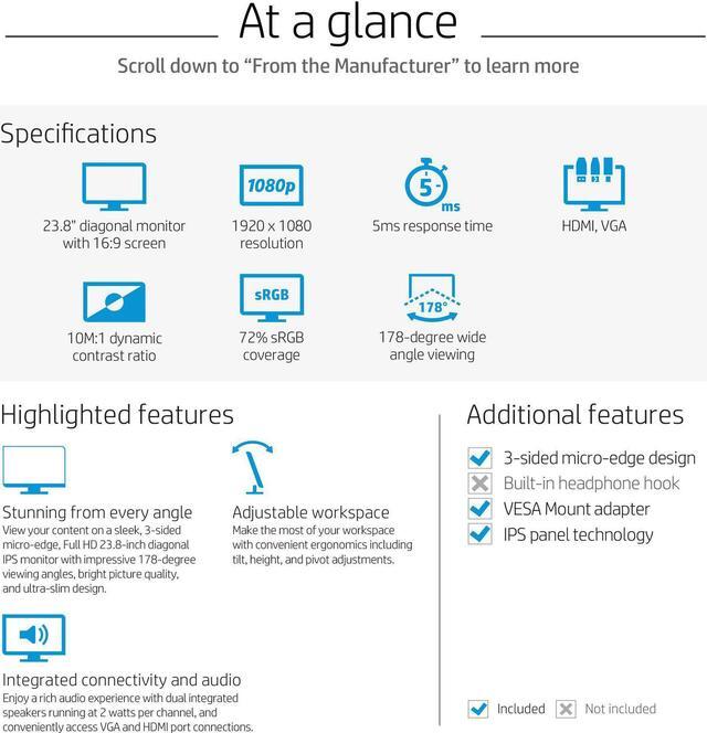 Alt view image 6 of 20 - HP VH240a 23.8" Full HD 1920 x 1080 60 Hz 5ms (GTG) HDMI, VGA LED Backlight IPS Monitor