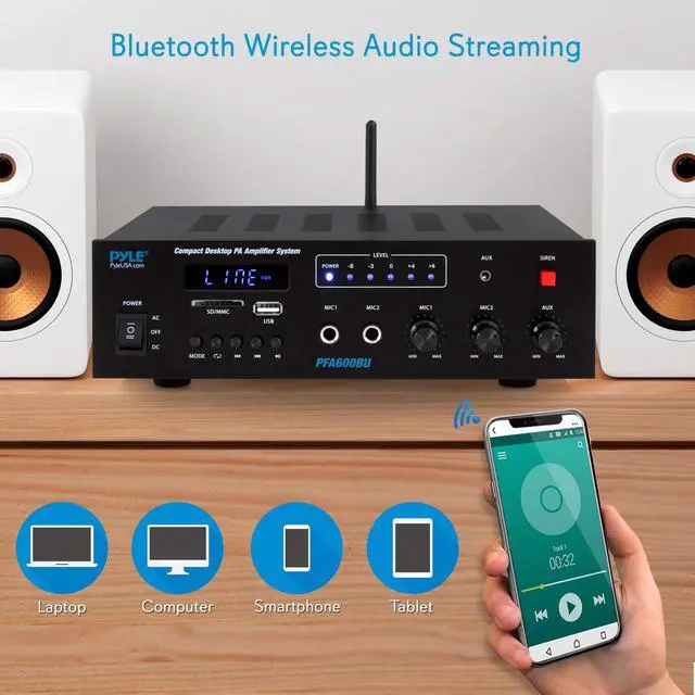 Alt view image 5 of 20 - Bluetooth Public Address Amplifier - Compact PA Speaker & Microphone Receiver System with (2) Mic Inputs, MP3/USB/SD Readers, FM Radio (300 Watt)