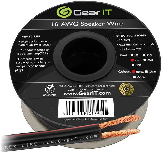 Alt view image 4 of 11 - 16 Gauge Speaker Wire, GearIT 200 ft 16AWG for Home Theater and Car Audio Installation High Quality Speaker Wires, Black