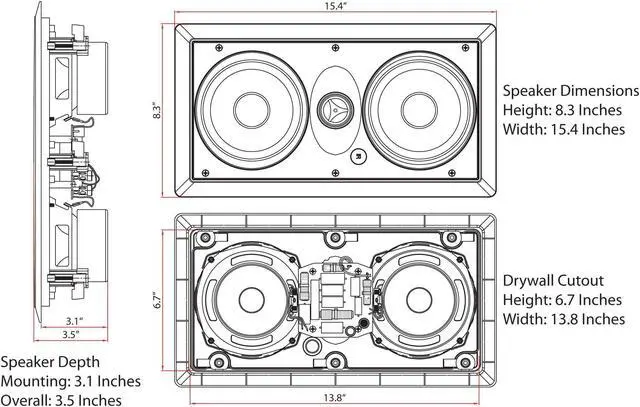 Alt view image 4 of 9 - micca m-cs center channel in-wall speaker with dual 5.25 inch woofers and pivoting 1" silk dome tweeter (each, white)