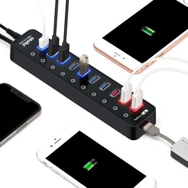 Alt view image 3 of 9 - powered usb 3.0 hub, atolla usb 3.0 data hub 11 ports - 7 usb 3.0 data ports + 4 smart charging port with individual on/off swi