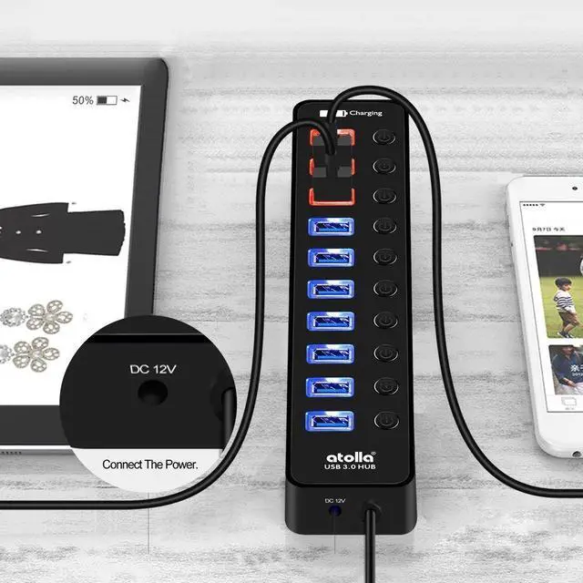 Alt view image 6 of 9 - powered usb 3.0 hub, atolla usb 3.0 data hub 11 ports - 7 usb 3.0 data ports + 4 smart charging port with individual on/off swi