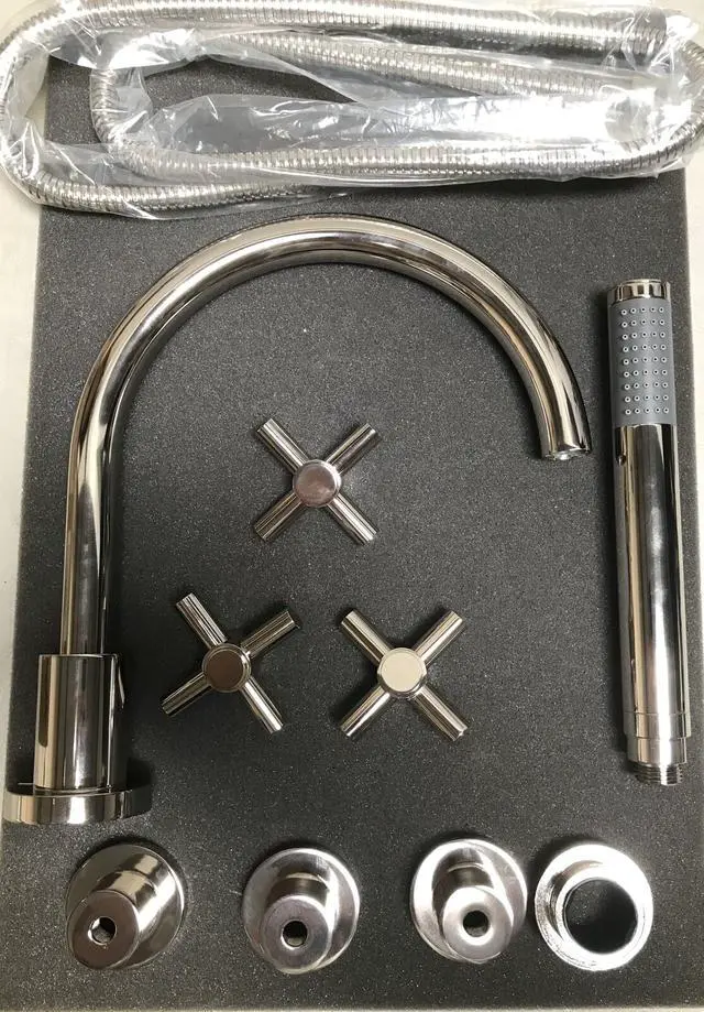 Alt view image 2 of 3 - Phylrich D2134C1 BASIC Deck Tub Set with Hand Shower - Tubular Cross Handles -  Polished Nickel