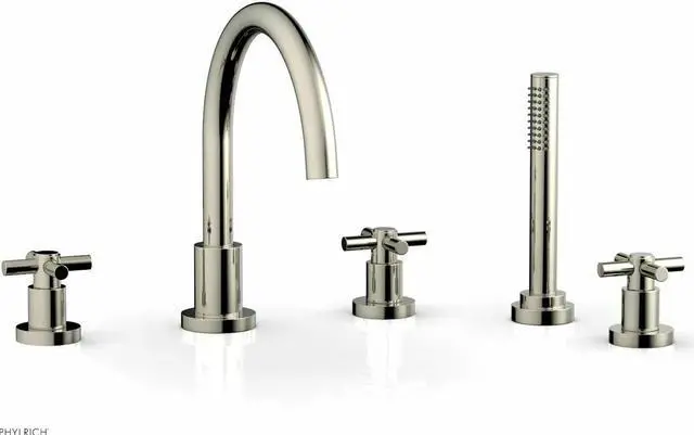 Main image of Phylrich D2134C1 BASIC Deck Tub Set with Hand Shower - Tubular Cross Handles -  Polished Nickel