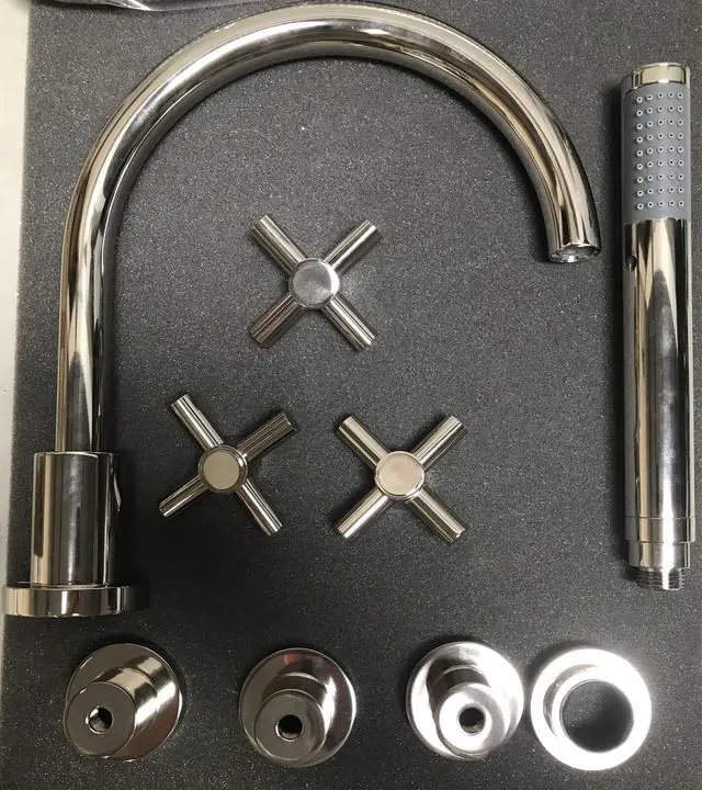 Alt view image 3 of 3 - Phylrich D2134C1 BASIC Deck Tub Set with Hand Shower - Tubular Cross Handles -  Polished Nickel