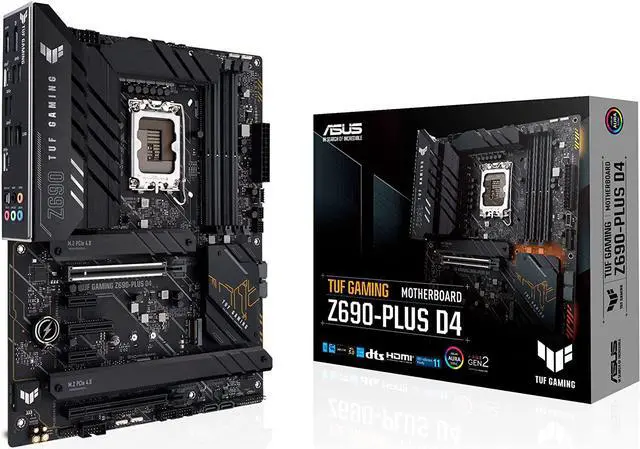Main image of ASUS TUF Gaming Z690-PLUS D4 LGA 1700 ATX Motherboard, 15 DrMOS, PCIe 5.0, DDR4 RAM, Four M.2 Slots, 2.5 Gb Ethernet, Front USB 3.2 Gen 2 Type-C, Thunderbolt 4 Support and RGB Lighting