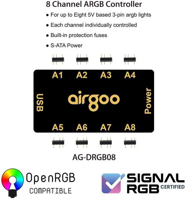 Alt view image 2 of 7 - Airgoo Magnetic 8-Port ARGB Controller 5V 3-Pin Support SignalRGB OpenRGB