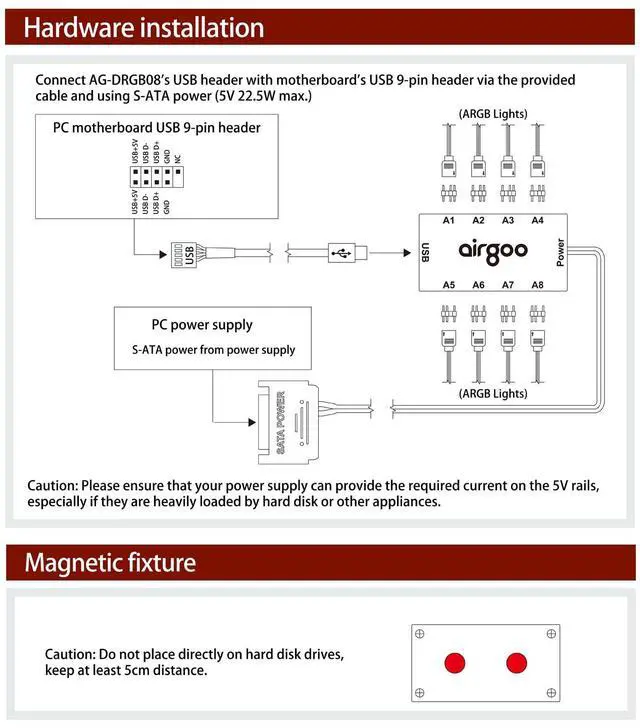 Alt view image 5 of 7 - Airgoo Magnetic 8-Port ARGB Controller 5V 3-Pin Support SignalRGB OpenRGB