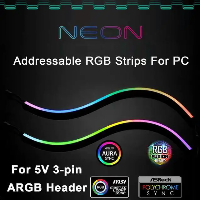 Alt view image 2 of 7 - Airgoo NEON Addressable RGB PC LED Light Strips, 2x15.7inch WS2812B RGBIC Rainbow Magnetic ARGB Strip for 5V 3-pin Aura SYNC, Gigabyte RGB Fusion, MSI Mystic Light Sync, with Strong Magnetic Brackets