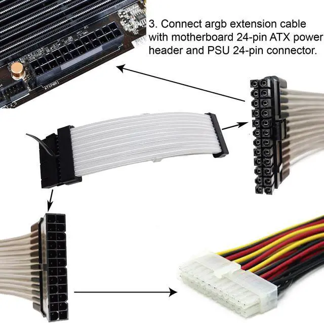 Alt view image 5 of 7 - Airgoo Addressable RGB PSU Cable Extension Kit, 24 Pin ATX Cable With Diffused LED Strips, 120 LEDs Super Bright for 5V 3-pin Aura SYNC, Gigabyte RGB Fusion, MSI Mystic Light Sync, With Remote Control