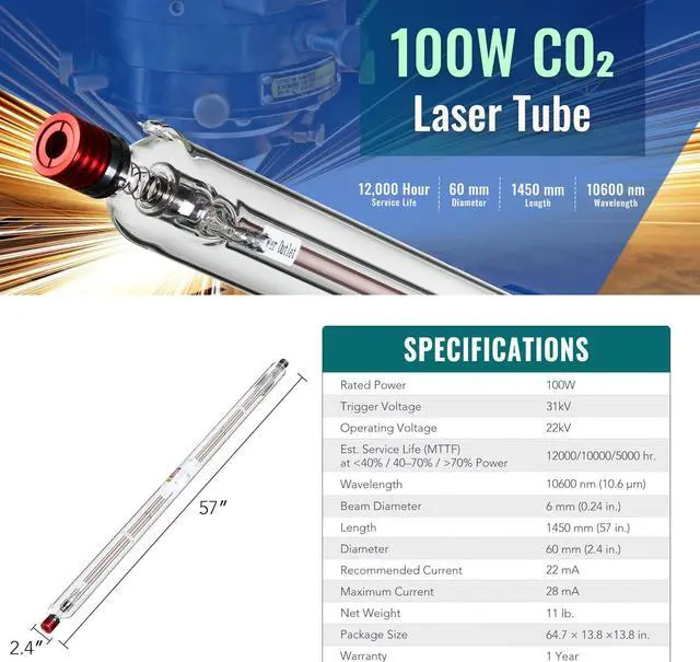 Alt view image 2 of 6 - High Power 100W Laser Tube for CO2 Laser Cutter and Engraver Machine 12000h Life