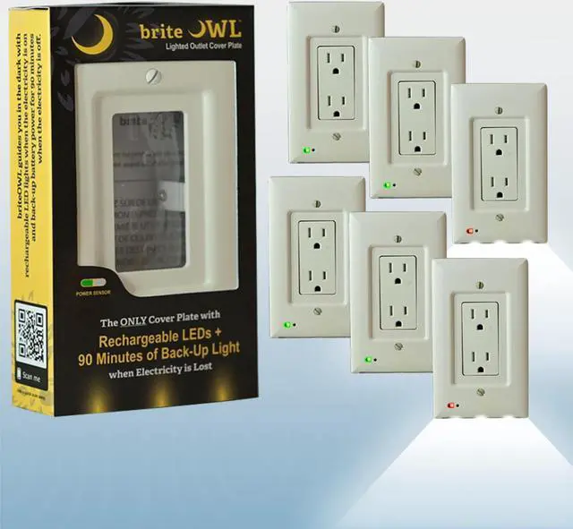 Main image of 6-pack of the briteOWL Almond Decora outlet cover plate with backup lighting feature and optional nightlight feature. Providing 50 lumens of light when the power goes out!