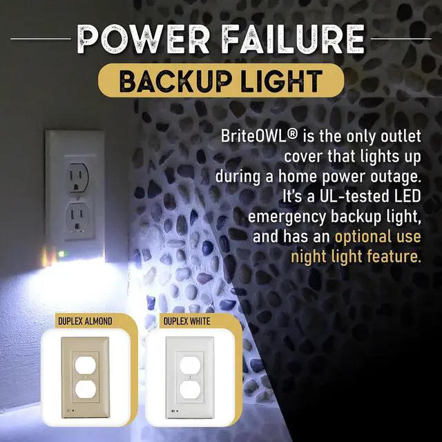 Alt view image 4 of 7 - 3-pack of the briteOWL Almond Decora outlet cover plate with backup lighting feature and optional nightlight feature. Providing 50 lumens of light when the power goes out!