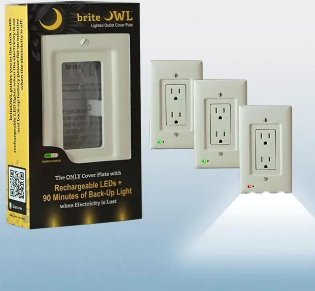 Main image of 3-pack of the briteOWL Almond Decora outlet cover plate with backup lighting feature and optional nightlight feature. Providing 50 lumens of light when the power goes out!