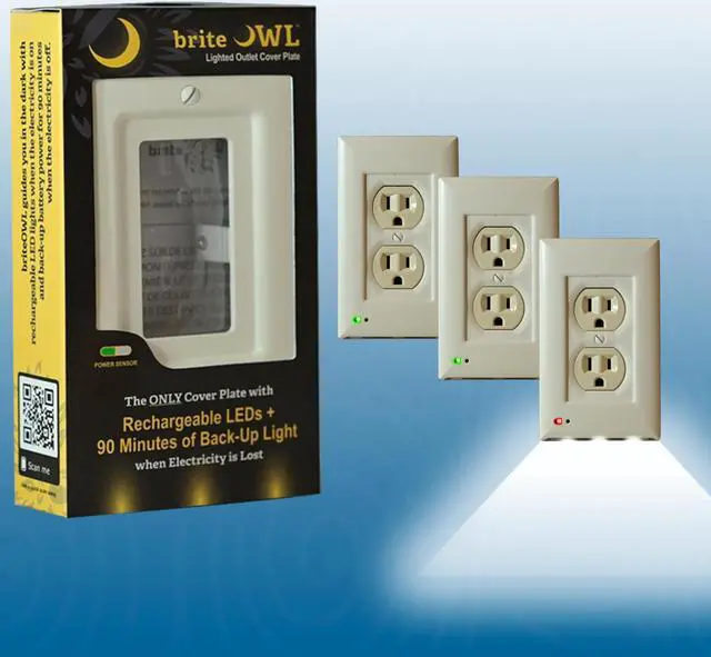 Main image of 3-pack of the briteOWL Almond Duplex outlet cover plate with backup lighting feature and optional nightlight feature. Providing 50 lumens of light when the power goes out!