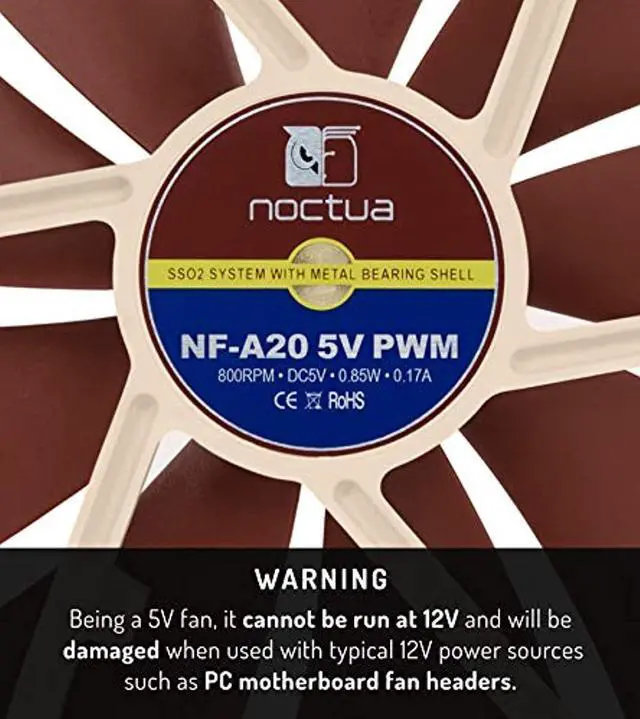Alt view image 2 of 7 - Noctua NF-A20 5V PWM, Premium Quiet Fan with USB Power Adaptor Cable, 4-Pin, 5V Version (200x30mm, Brown)