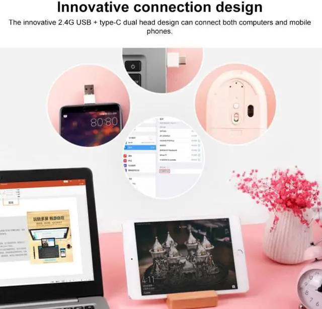 Alt view image 4 of 6 - FOETOR E100us 2.4G + Type-C / USB-C Rechargeable Dual Modes Wireless Mouse (Pink)