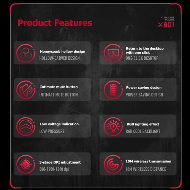 Alt view image 3 of 7 - FMOUSE  X801 8 Keys 1600DPI Hollow Luminous Gaming  Office Mouse,Style: Black Wireless Rechargeable Black Wireless Rechargeable