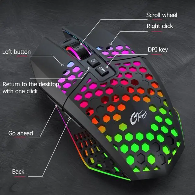 Alt view image 7 of 7 - FMOUSE  X801 8 Keys 1600DPI Hollow Luminous Gaming  Office Mouse,Style: Black Wireless Rechargeable Black Wireless Rechargeable