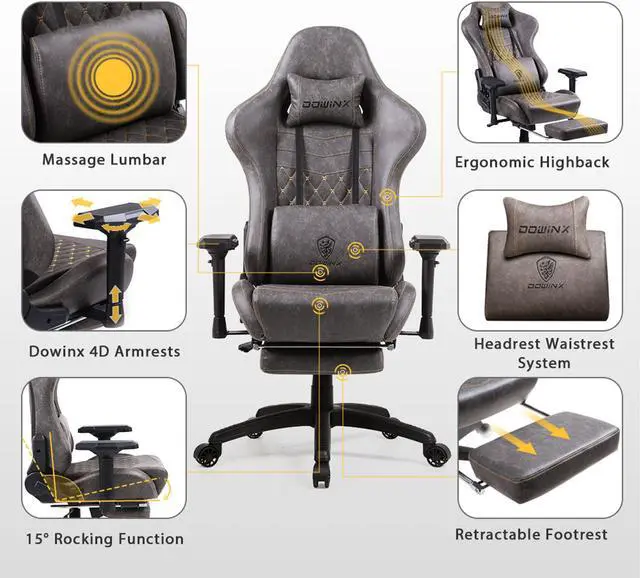 Alt view image 4 of 7 - Dowinx Gaming Chair Ergonomic Racing Style Recliner with Massage Lumbar Support,4D armrests Game Chair for Computer PU Leather with Retractable Footrest Brown