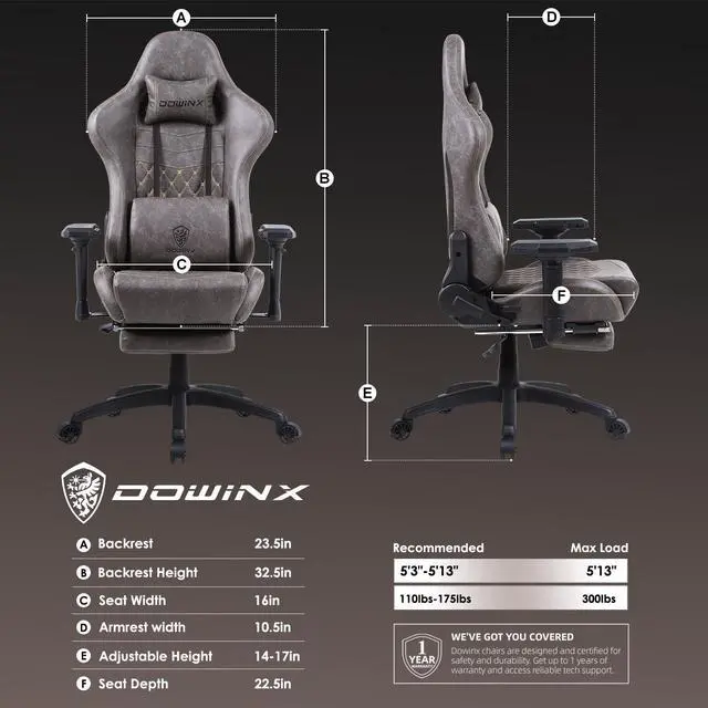 Alt view image 7 of 7 - Dowinx Gaming Chair Ergonomic Racing Style Recliner with Massage Lumbar Support,4D armrests Game Chair for Computer PU Leather with Retractable Footrest Brown