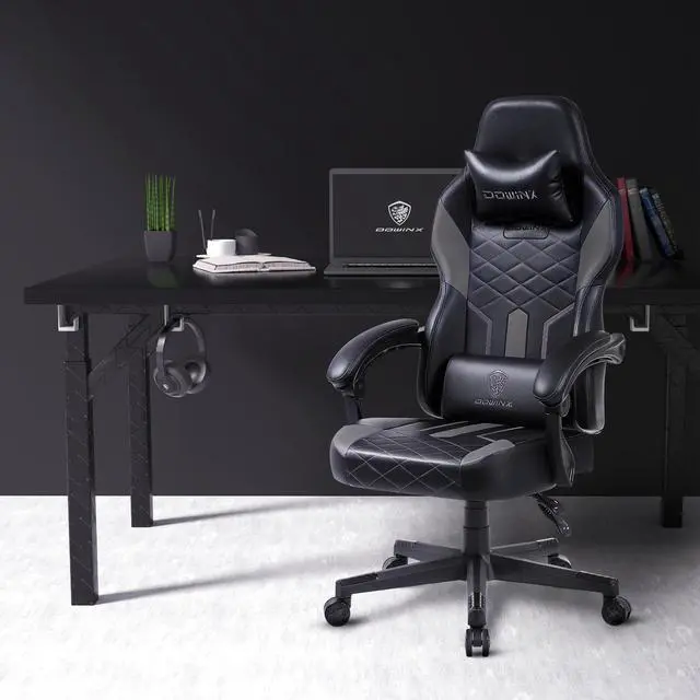 Alt view image 7 of 7 - Dowinx Gaming Chair with Pocket Spring Cushion, Ergonomic Computer Chair High Back, Reclining Massage Game Chair Pu Leather 350LBS, Grey