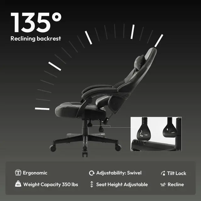 Alt view image 4 of 7 - Dowinx Gaming Chair with Pocket Spring Cushion, Ergonomic Computer Chair High Back, Reclining Massage Game Chair Pu Leather 350LBS, Grey
