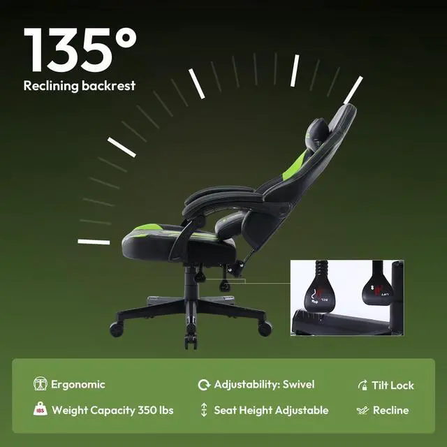 Alt view image 4 of 7 - Dowinx Gaming Chair with Pocket Spring Cushion, Ergonomic Computer Chair High Back With Adjustable Headrest&Lumbar support, Reclining Massage Game Chair Pu Leather 350LBS, Green