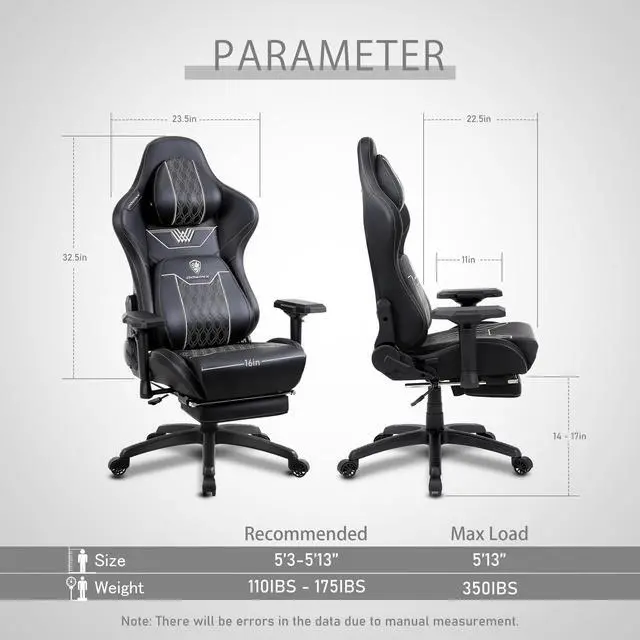 Alt view image 7 of 7 - Dowinx Gaming Chair with Footrest, Ergonomic Computer Chair with Comfortable Headrest and Lumbar Support, Game Office Chair for Adults Pu Leather High Back, 350LBS, Black