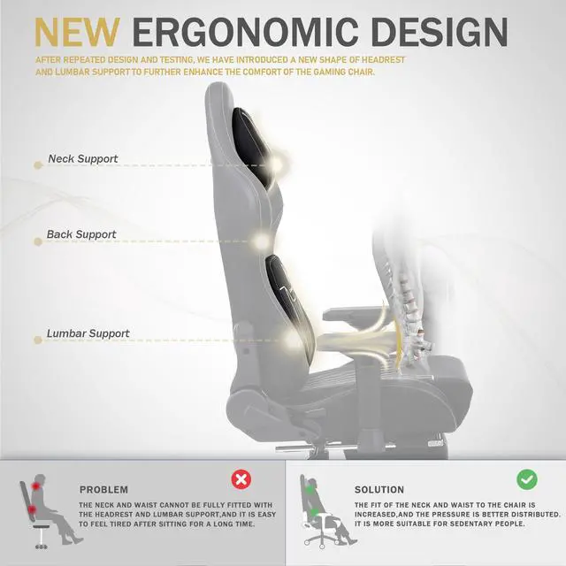 Alt view image 4 of 7 - Dowinx Gaming Chair with Footrest, Ergonomic Computer Chair with Comfortable Headrest and Lumbar Support, Game Office Chair for Adults Pu Leather High Back, 350LBS, Black