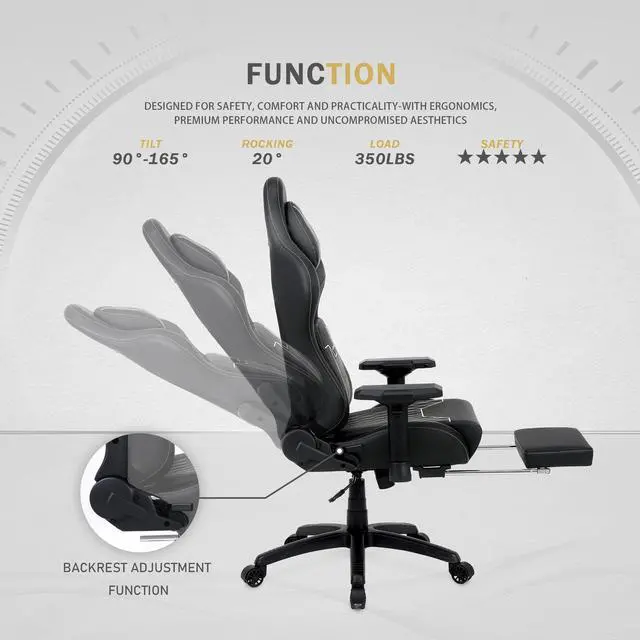Alt view image 5 of 7 - Dowinx Gaming Chair with Footrest, Ergonomic Computer Chair with Comfortable Headrest and Lumbar Support, Game Office Chair for Adults Pu Leather High Back, 350LBS, Black