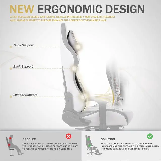 Alt view image 4 of 7 - Dowinx Gaming Chair with Footrest, Ergonomic Computer Chair with Comfortable Headrest and Lumbar Support, Game Office Chair for Adults Pu Leather High Back, 350LBS, Grey