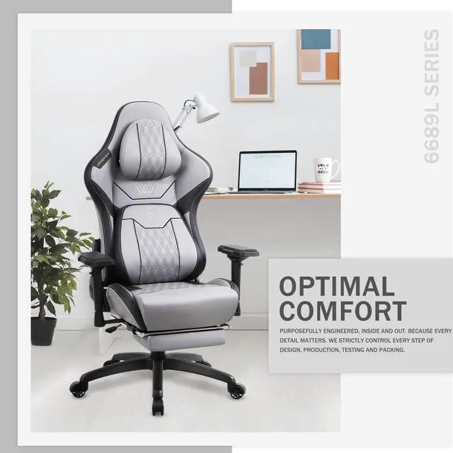Alt view image 6 of 7 - Dowinx Gaming Chair with Footrest, Ergonomic Computer Chair with Comfortable Headrest and Lumbar Support, Game Office Chair for Adults Pu Leather High Back, 350LBS, Grey