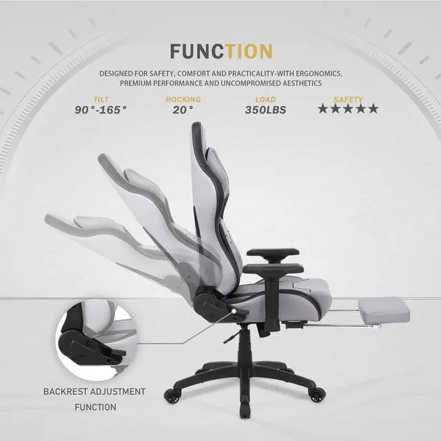 Alt view image 5 of 7 - Dowinx Gaming Chair with Footrest, Ergonomic Computer Chair with Comfortable Headrest and Lumbar Support, Game Office Chair for Adults Pu Leather High Back, 350LBS, Grey