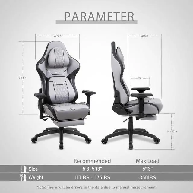 Alt view image 7 of 7 - Dowinx Gaming Chair with Footrest, Ergonomic Computer Chair with Comfortable Headrest and Lumbar Support, Game Office Chair for Adults Pu Leather High Back, 350LBS, Grey