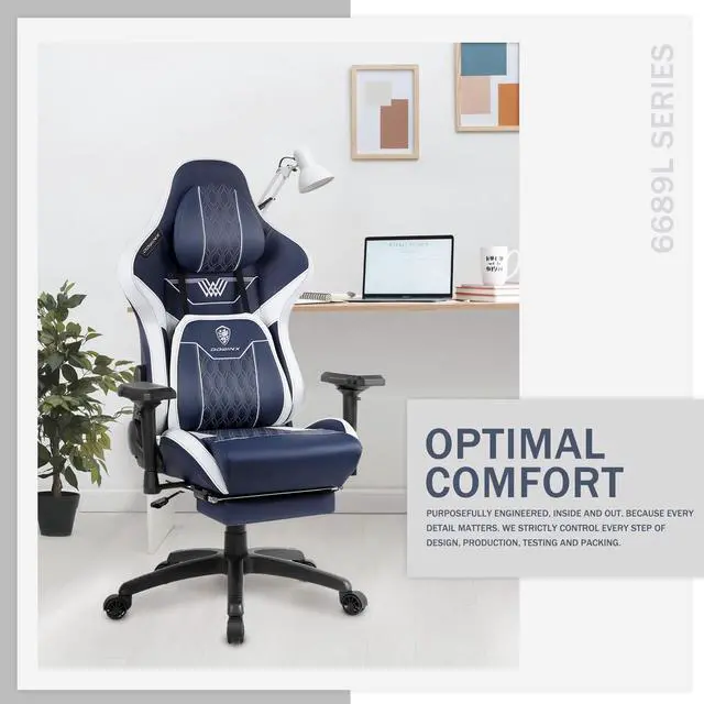 Alt view image 6 of 7 - Dowinx Gaming Chair with Footrest, Ergonomic Computer Chair with Comfortable Headrest and Lumbar Support, Game Office Chair for Adults Pu Leather High Back, 350LBS, Blue
