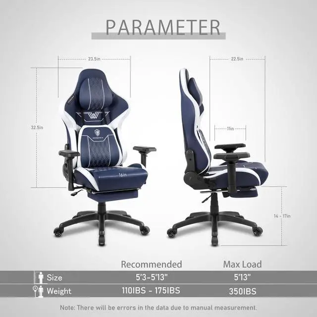 Alt view image 7 of 7 - Dowinx Gaming Chair with Footrest, Ergonomic Computer Chair with Comfortable Headrest and Lumbar Support, Game Office Chair for Adults Pu Leather High Back, 350LBS, Blue