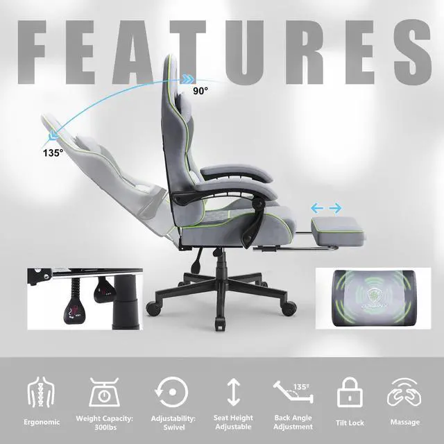Alt view image 5 of 7 - Dowinx Gaming Chair Fabric with Pocket Spring Cushion, Massage Game Chair Cloth with Headrest, Ergonomic Computer Chair with Footrest 290LBS, Light Grey