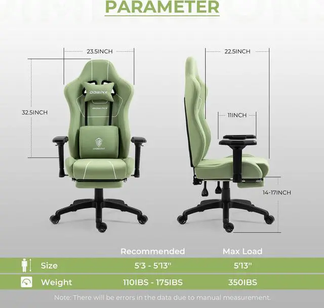 Alt view image 7 of 7 - Dowinx Gaming Chair Tech Fabric with Pocket Spring Cushion, Ergonomic Computer Chair with Massage Lumbar Support and Footrest, Comfortable Reclining Game Office Chair 300lbs for Adult and Teen, Green