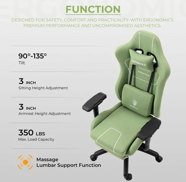 Alt view image 5 of 7 - Dowinx Gaming Chair Tech Fabric with Pocket Spring Cushion, Ergonomic Computer Chair with Massage Lumbar Support and Footrest, Comfortable Reclining Game Office Chair 300lbs for Adult and Teen, Green