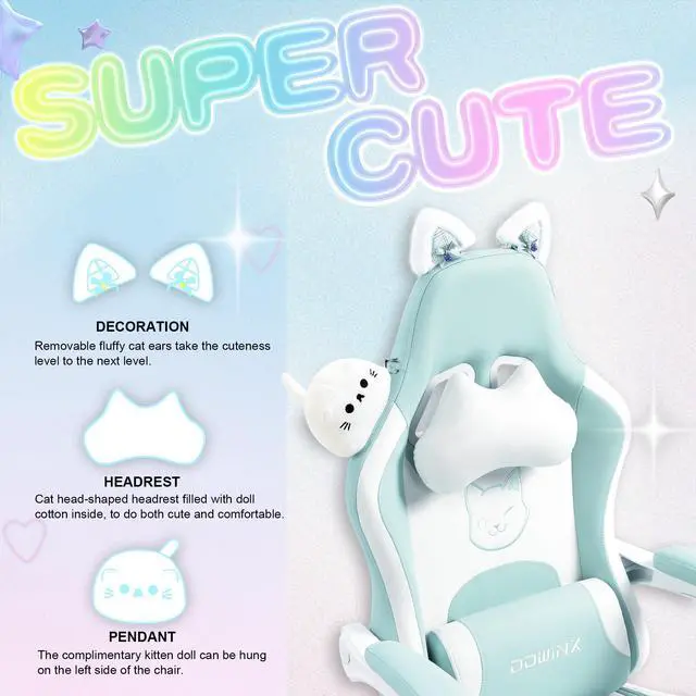 Alt view image 2 of 7 - Dowinx Gaming Chair Cute with Cat Ears and Doll, Ergonomic Computer Chair for Girl with Footrest and Massage Lumbar Support, Comfortable Reclining Game Office Chair 290lbs for Adult, Teen, Kids, Blue