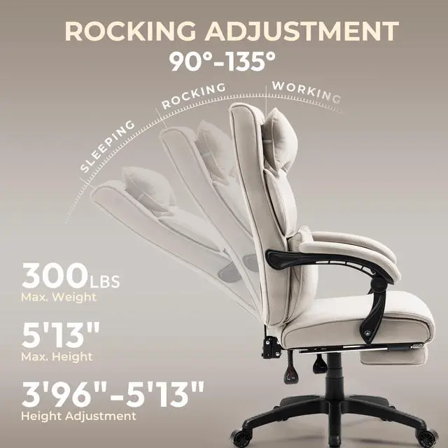 Alt view image 4 of 7 - Dowinx Executive Office Chair Fabric with Footrest and Padded Armrest, Ergonomic Computer Desk Chair with Lumbar Support, Big and Tall Home Desk Chair, High Back Swivel Chair for Adult, 350LBS, Grey