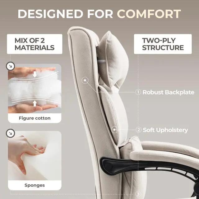 Alt view image 2 of 7 - Dowinx Executive Office Chair Fabric with Footrest and Padded Armrest, Ergonomic Computer Desk Chair with Lumbar Support, Big and Tall Home Desk Chair, High Back Swivel Chair for Adult, 350LBS, Grey