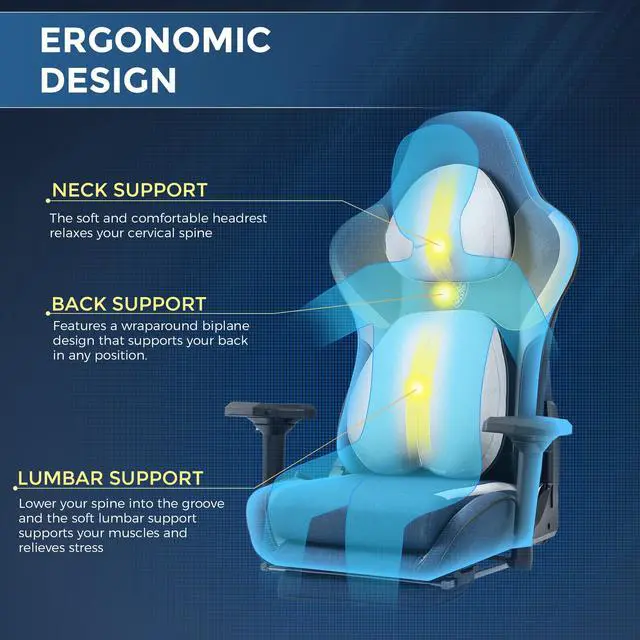 Alt view image 4 of 7 - Dowinx Gaming Chair Fabric with Adjustable Thicken Cushion, Ergonomic Computer Chair Lumbar Support and Headrest, Comfortable Reclining Game Office Chair Footrest Adult 400lbs, Blue