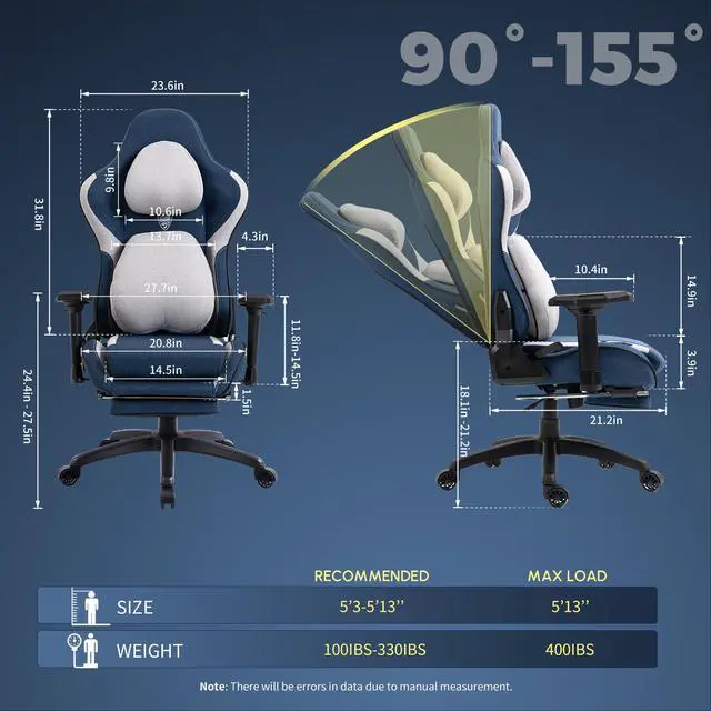 Alt view image 6 of 7 - Dowinx Gaming Chair Fabric with Adjustable Thicken Cushion, Ergonomic Computer Chair Lumbar Support and Headrest, Comfortable Reclining Game Office Chair Footrest Adult 400lbs, Blue