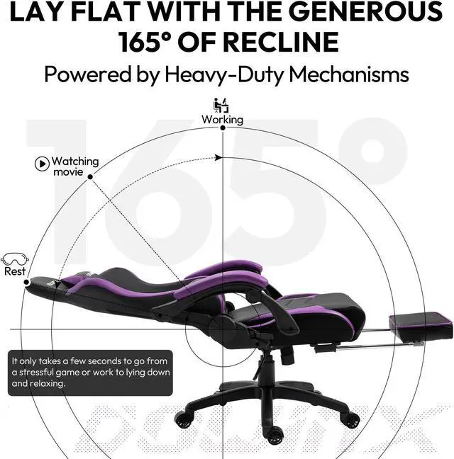 Alt view image 6 of 7 - Dowinx Gaming Chair Ergonomic Racing Style Recliner with Massage Lumbar Support, Office Armchair for Computer PU Leather E-Sports Gamer Chairs with Retractable Footrest (Black&Purple)