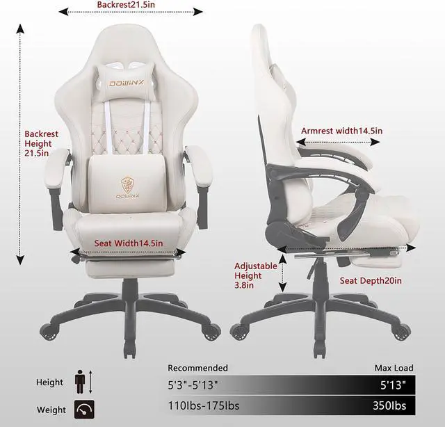 Alt view image 7 of 7 - DOWINX Gaming Chair Office Desk Chair with Massage Lumbar Support Type, Vintage Style Armchair PU Leather E-Sports Gamer Chairs with Retractable Footrest (Ivory)