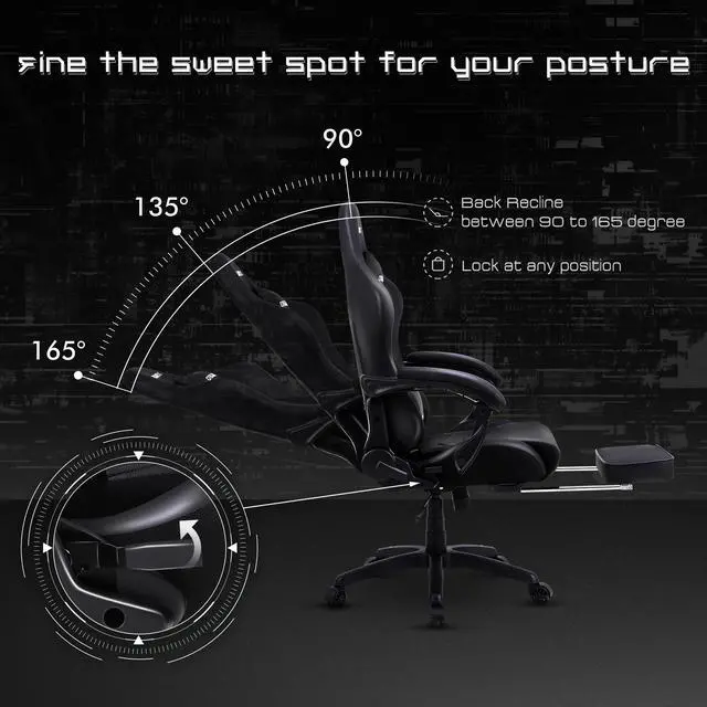 Alt view image 4 of 7 - Dowinx Ergonomic Gaming Chair with Massage Lumbar Support, High Back Office Computer Chair with Footrest, Racing Style Recliner PU Leather Gamer Chairs, Black