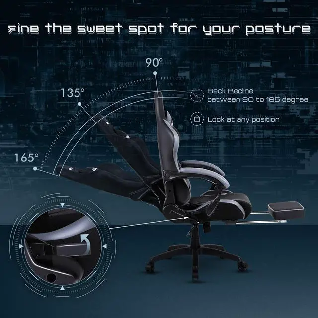 Alt view image 4 of 7 - Dowinx Ergonomic Gaming Chair with Massage Lumbar Support, High Back Office Computer Chair with Footrest, Racing Style Recliner PU Leather Gamer Chairs, Grey