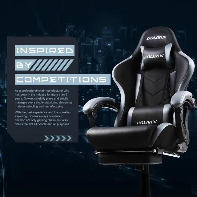 Alt view image 6 of 7 - Dowinx Ergonomic Gaming Chair with Massage Lumbar Support, High Back Office Computer Chair with Footrest, Racing Style Recliner PU Leather Gamer Chairs, Grey